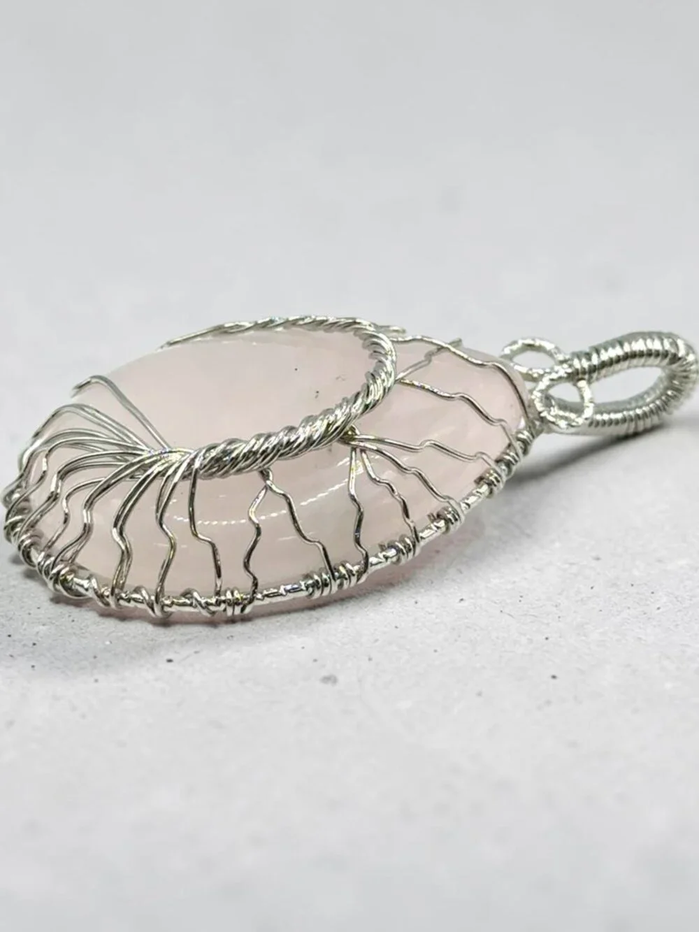 Silver-Tone Wire Wrapped Rose Quartz Pendant